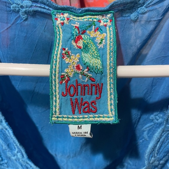 JOHNNY WAS KELLY COLD SHOULDER EMBROIDERED BLOUSE TOP BLUE SIZE MEDIUM - Picture 2 of 5